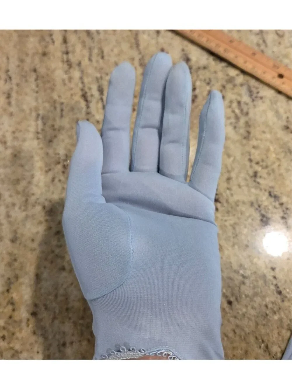 Vintage Womens Size S/M 6.5 Blue Nylon Stretch Formal Gloves Bow Wrist